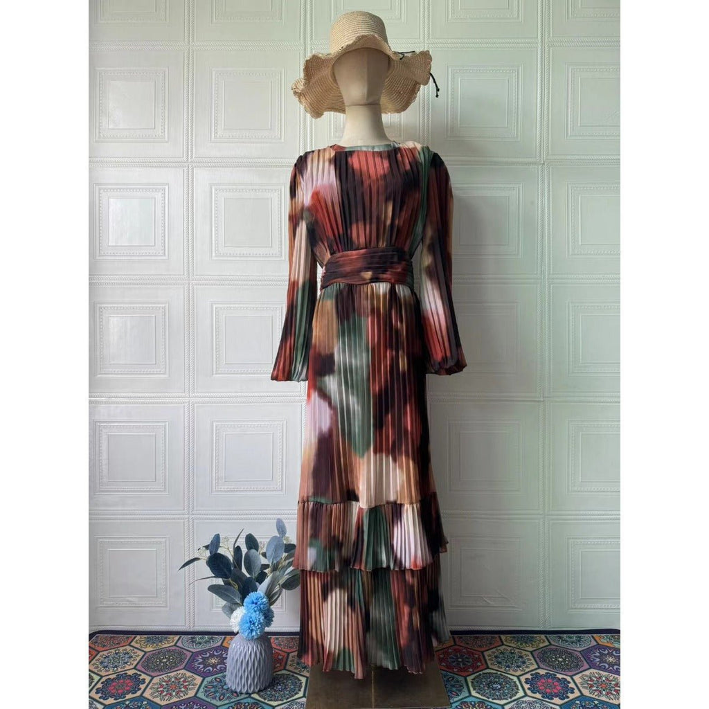 Bohemian Earth-Tone Maxi Dress Long Sleeve Crew Neck Pleated Dress (MA237)