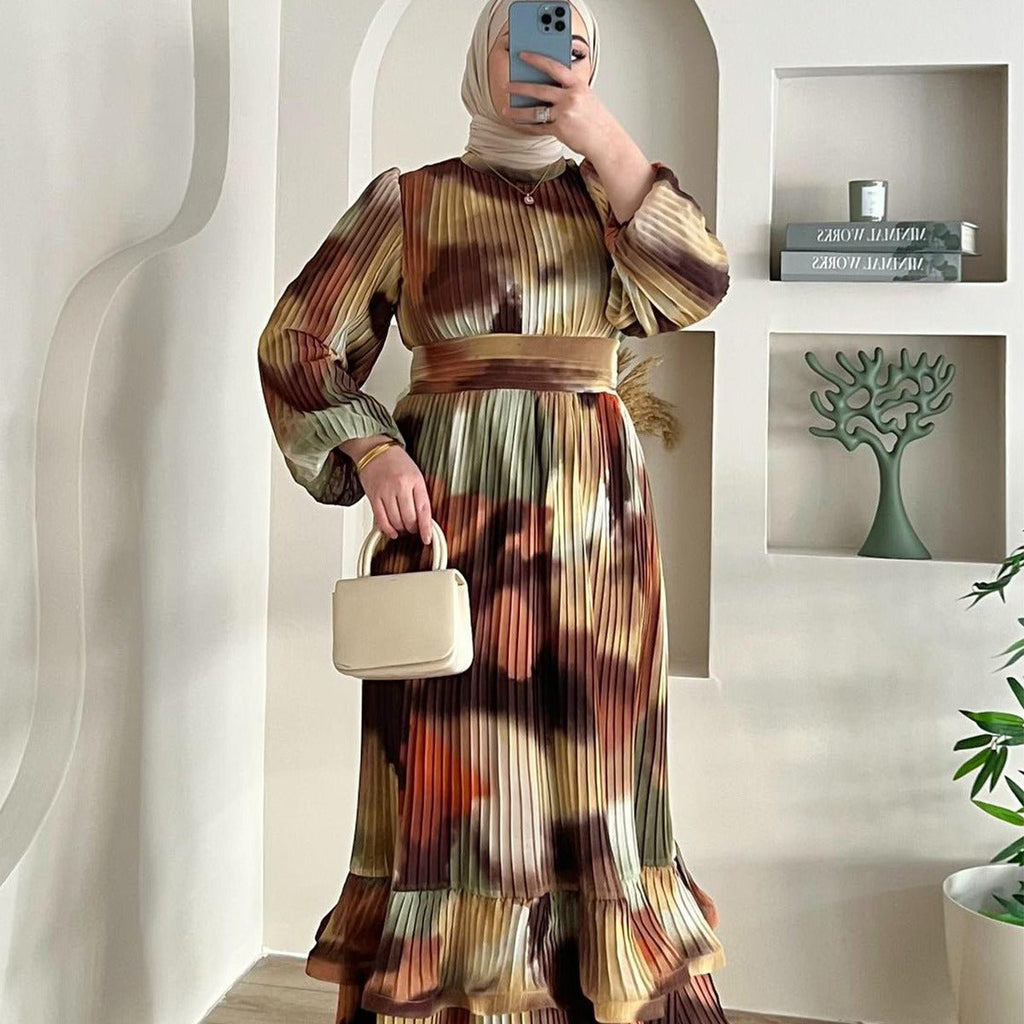 Bohemian Earth-Tone Maxi Dress Long Sleeve Crew Neck Pleated Dress (MA237)