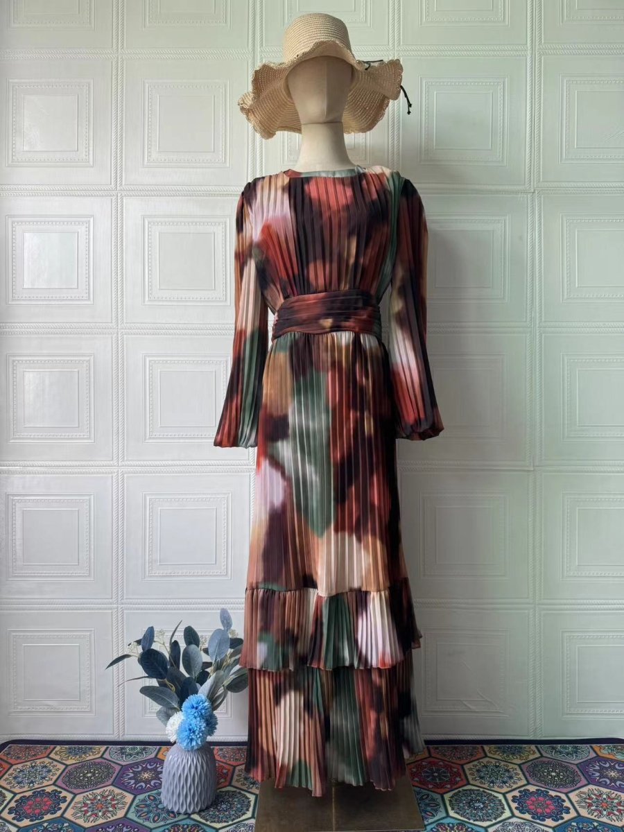 Bohemian Earth-Tone Maxi Dress Long Sleeve Crew Neck Pleated Dress (MA237)