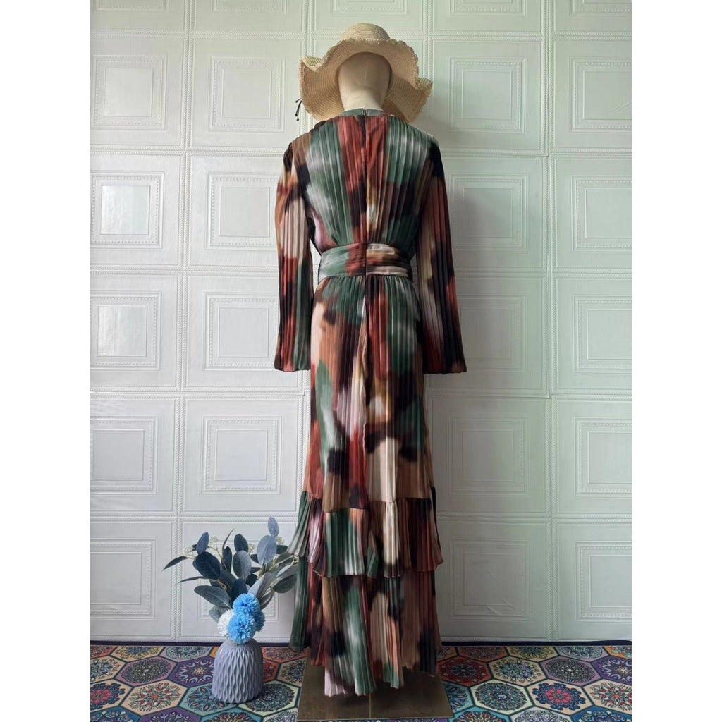 Bohemian Earth-Tone Maxi Dress Long Sleeve Crew Neck Pleated Dress (MA237)