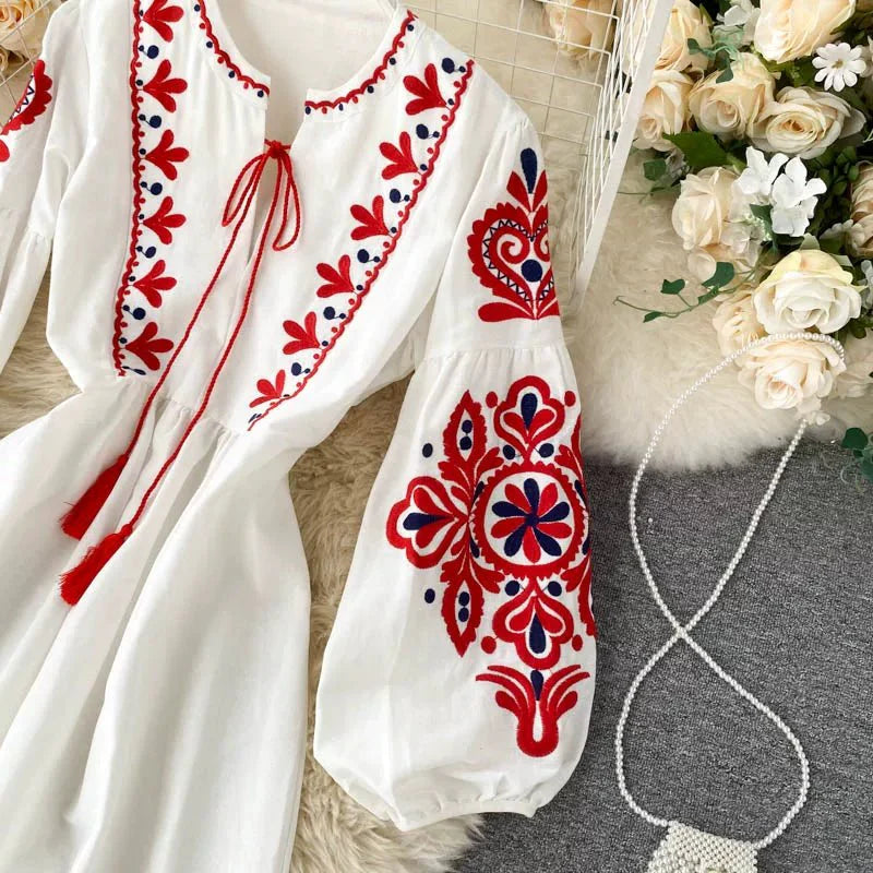 Bohemian Embroidered Linen-Look Maxi Dress(MS460)