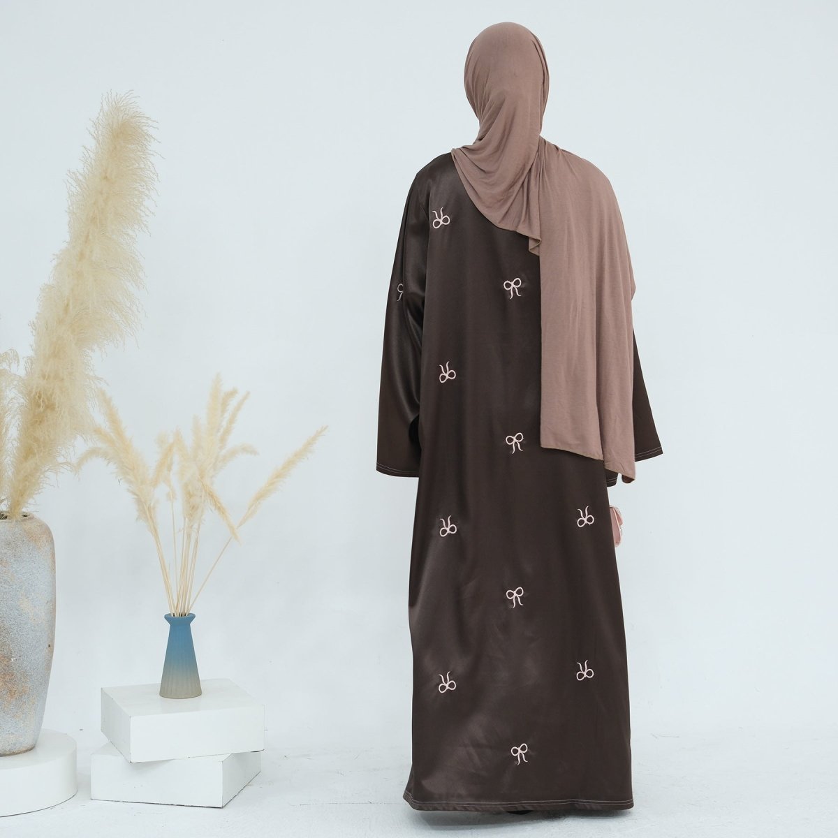 Bow Embroidered Glossy Open Abaya (MOA102)