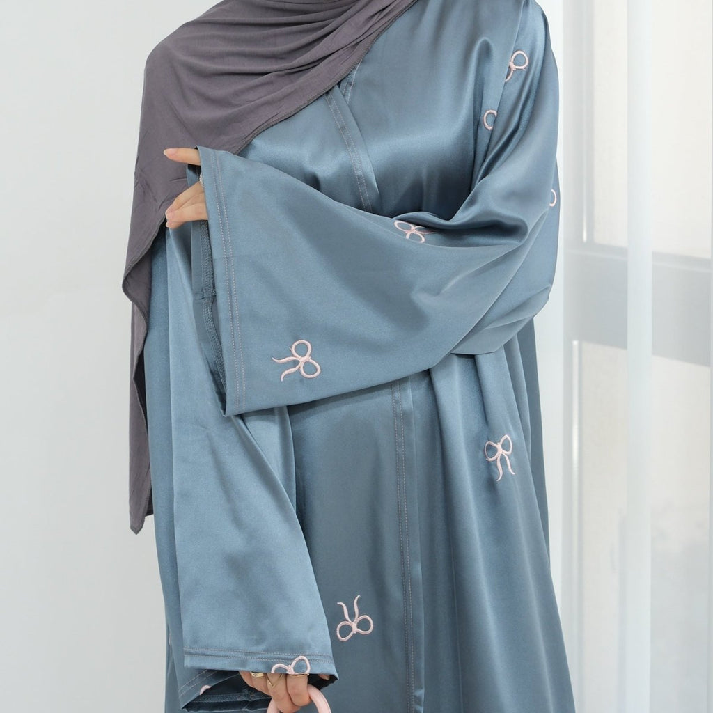 Bow Embroidered Glossy Open Abaya (MOA102)