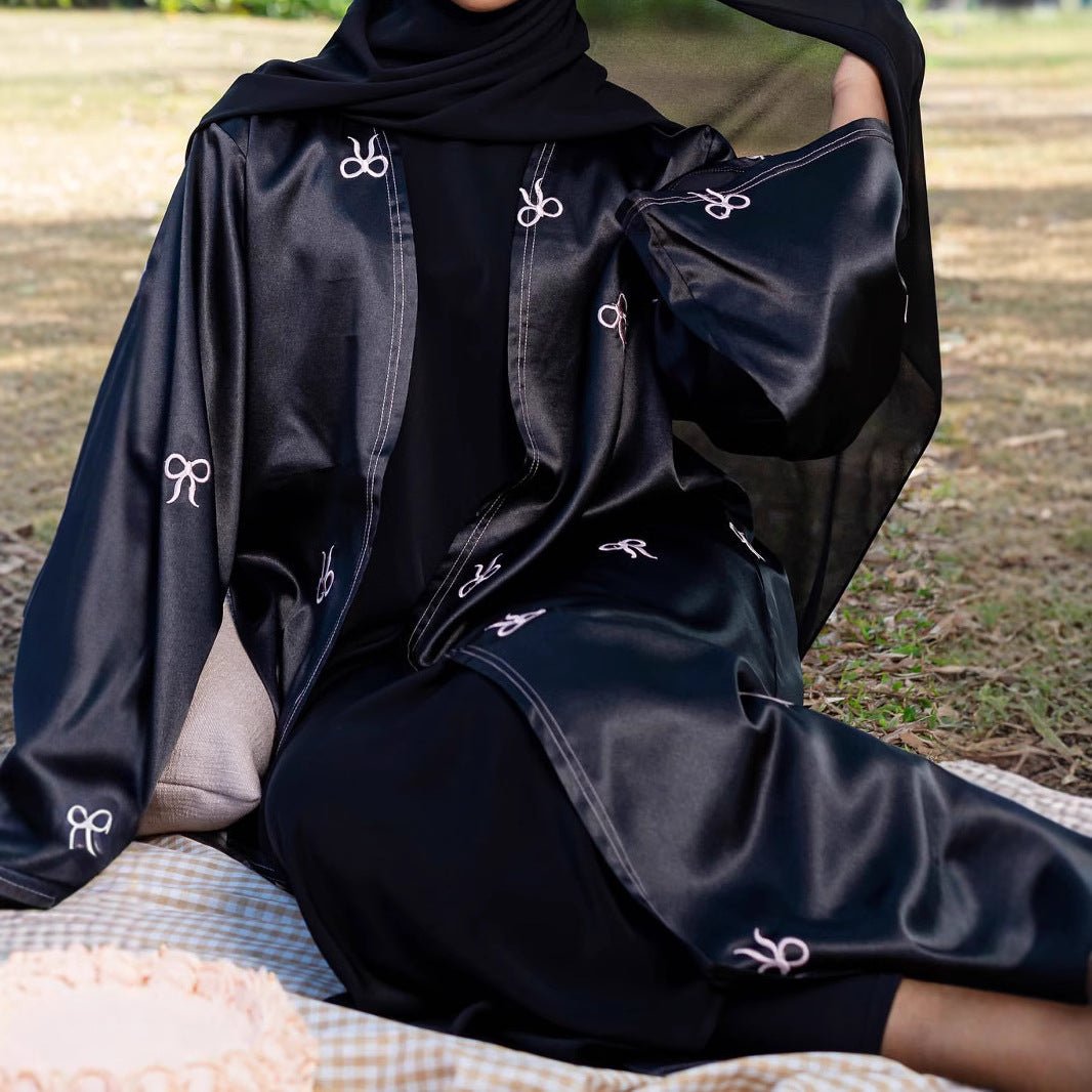Bow Embroidered Glossy Open Abaya (MOA102)