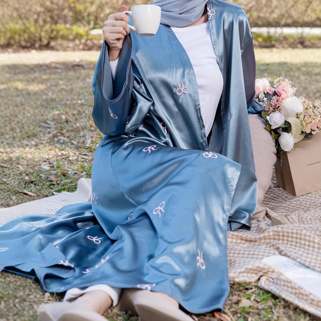 Bow Embroidered Glossy Open Abaya (MOA102)