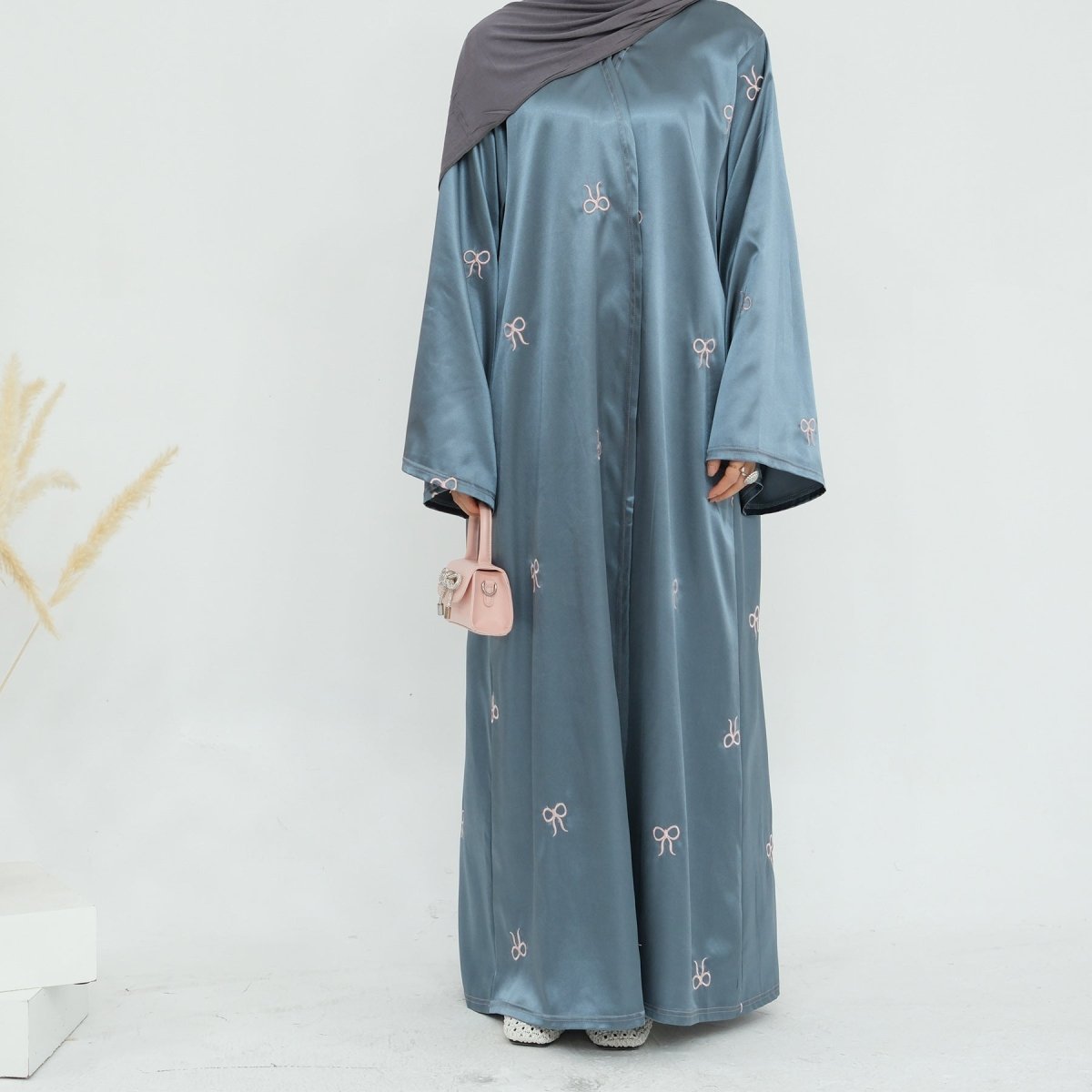 Bow Embroidered Glossy Open Abaya (MOA102)