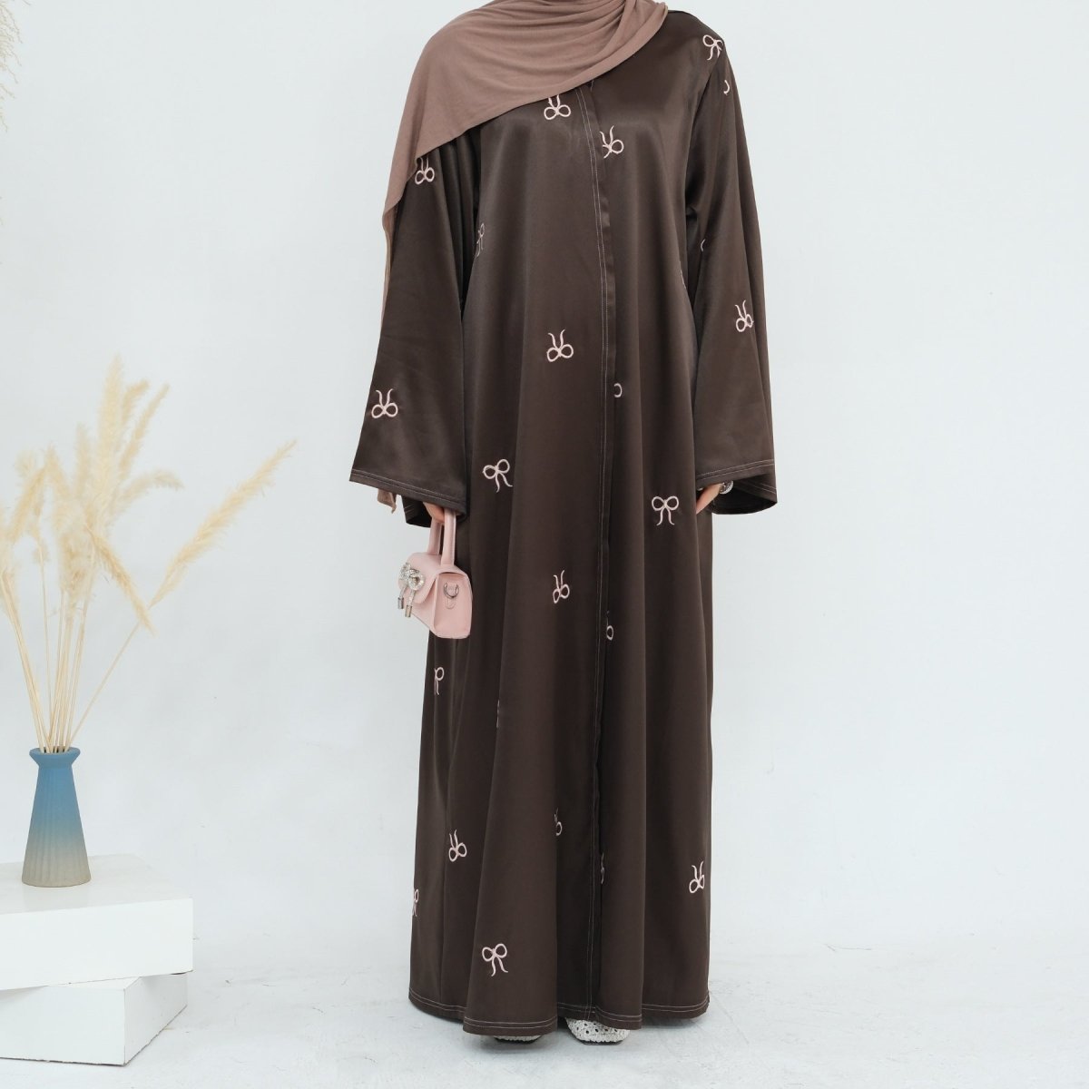Bow Embroidered Glossy Open Abaya (MOA102)