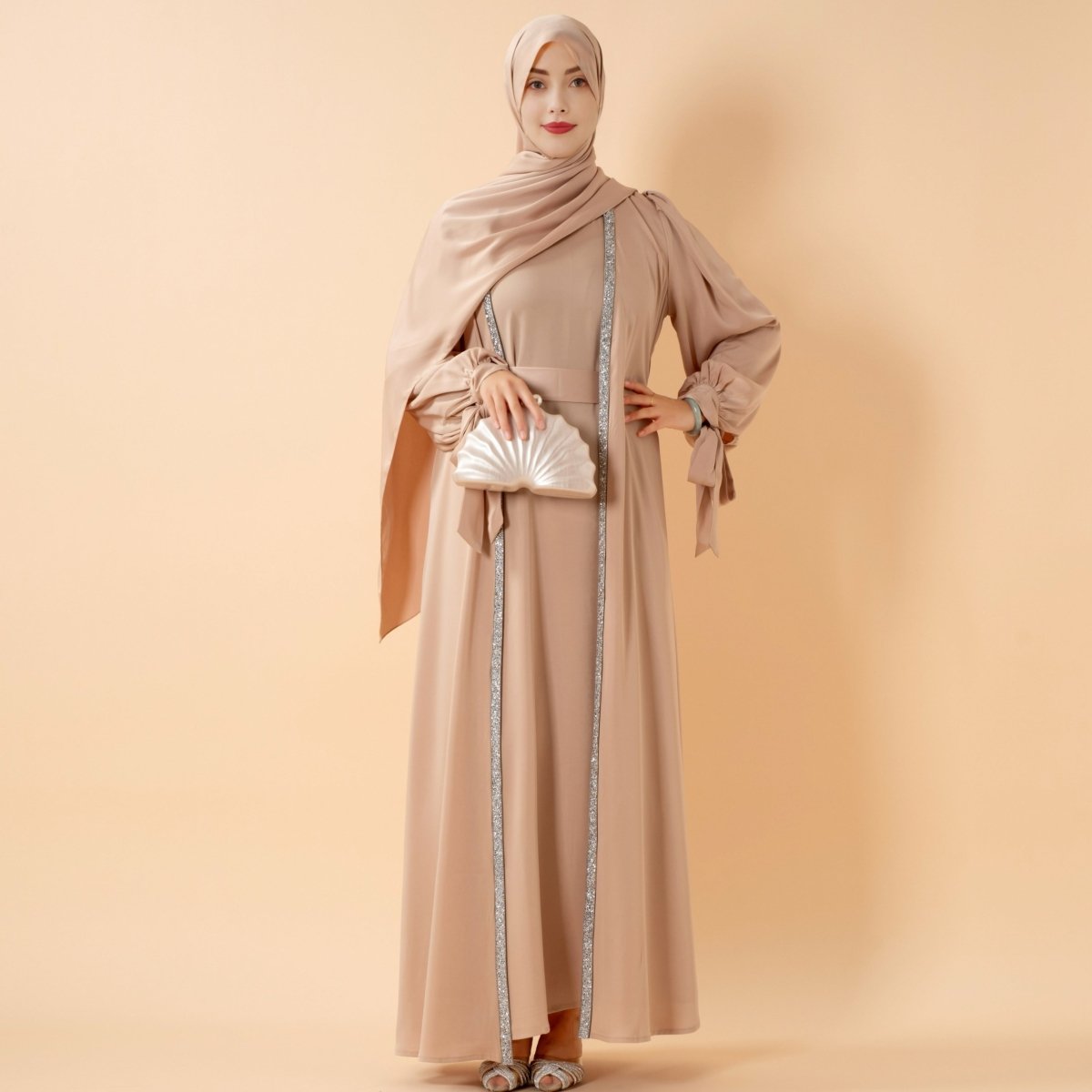 Bow Tie Sleeve Abaya Set With Long-sleeve Inner Dress (MOA026)