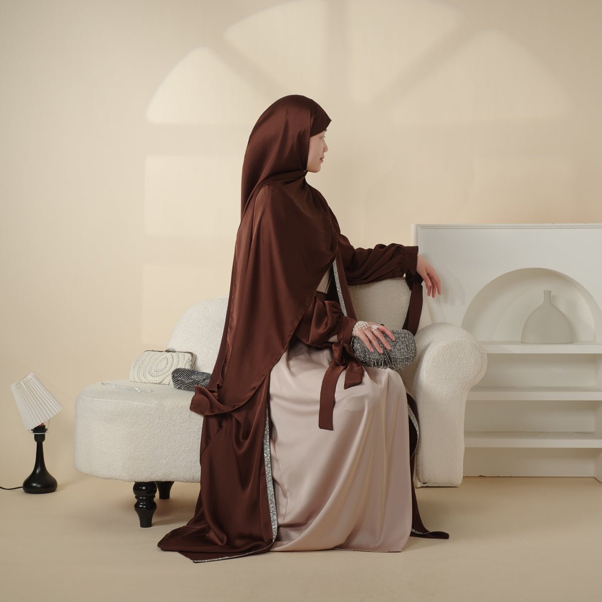 Bow Tie Sleeve Abaya Set With Long-sleeve Inner Dress (MOA026)