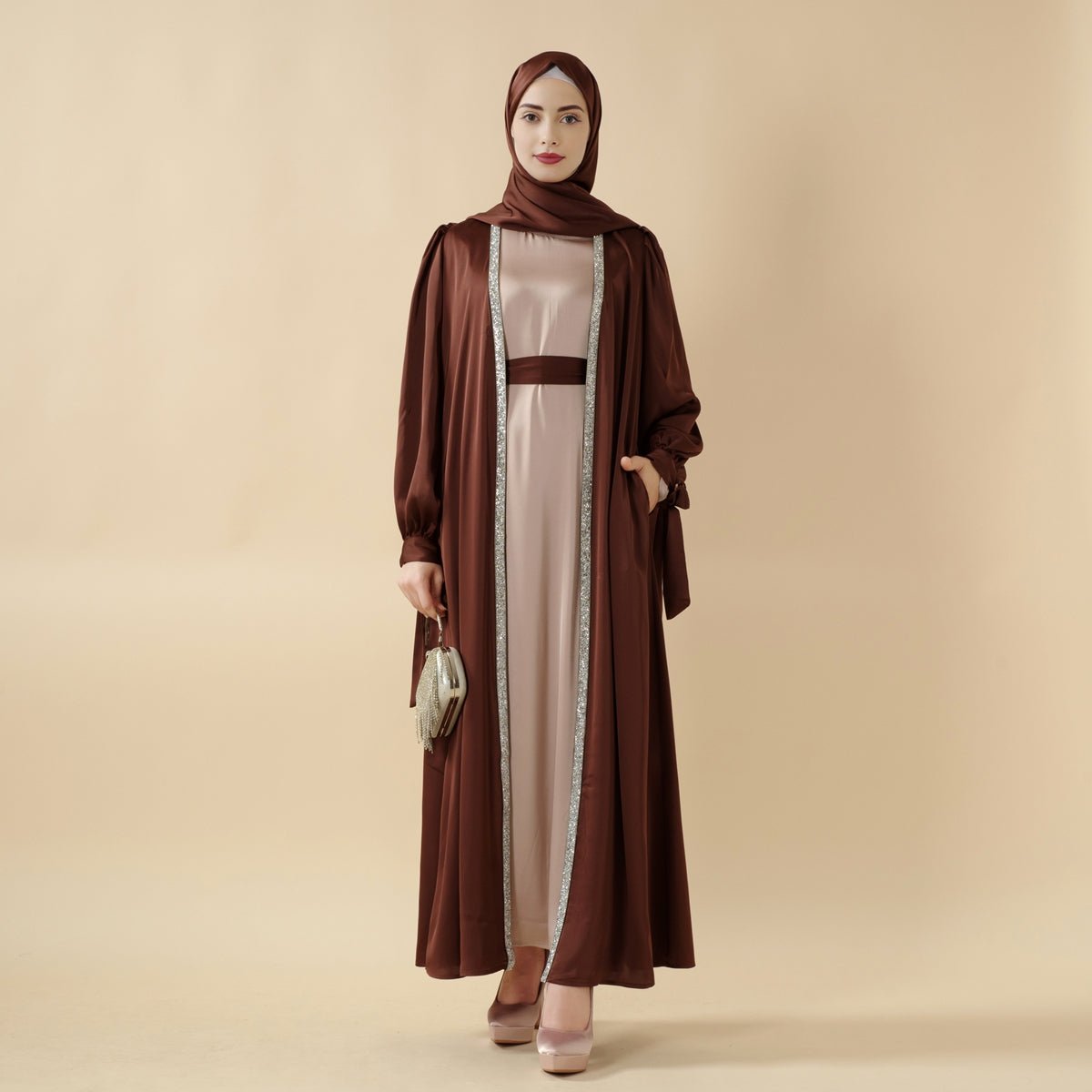 Bow Tie Sleeve Abaya Set With Long-sleeve Inner Dress (MOA026)