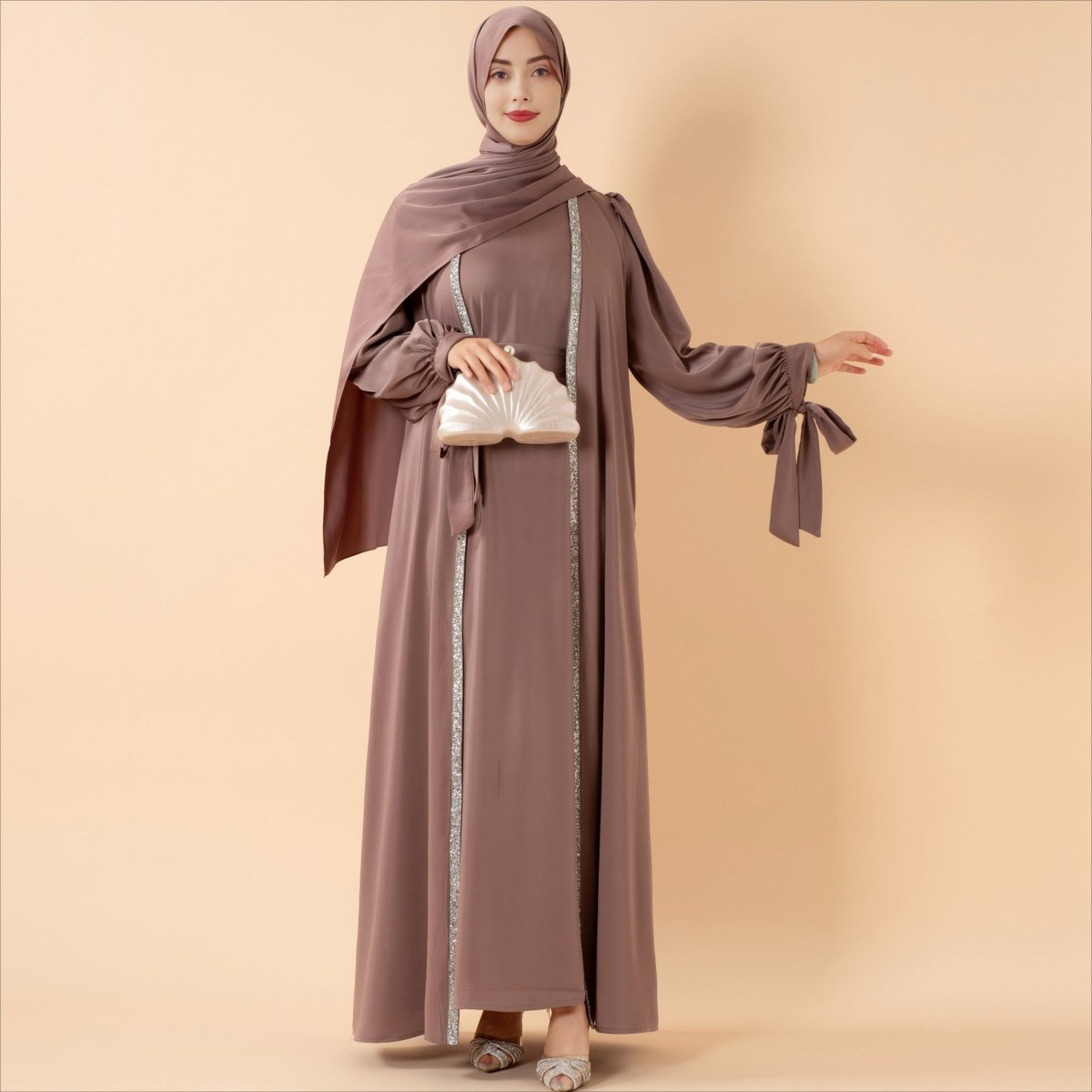 Bow Tie Sleeve Abaya Set With Long-sleeve Inner Dress (MOA026)