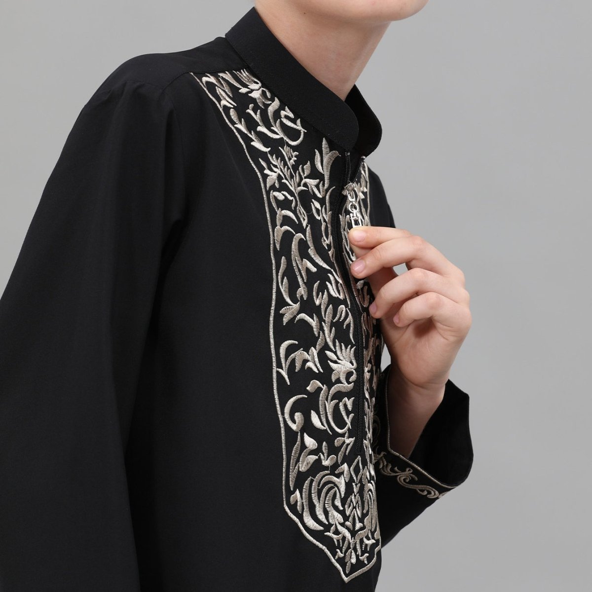 Boys Black Embroidered Tunic & Pants Set (MKB021)