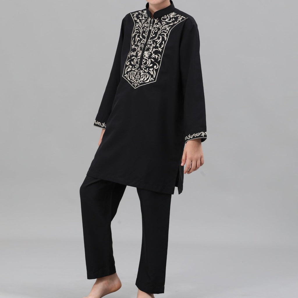 Boys Black Embroidered Tunic & Pants Set (MKB021)
