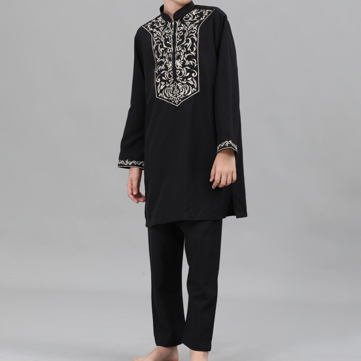 Boys Black Embroidered Tunic & Pants Set (MKB021)