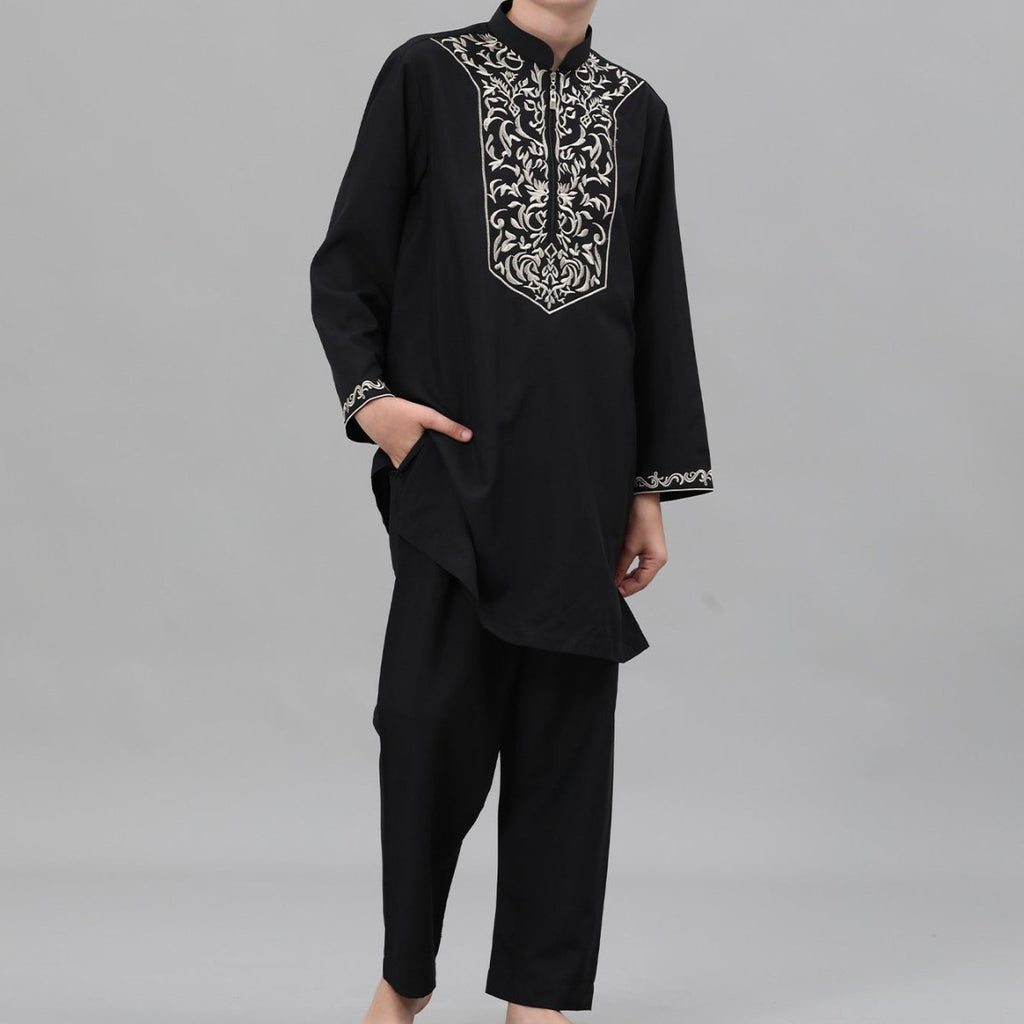 Boys Black Embroidered Tunic & Pants Set (MKB021)