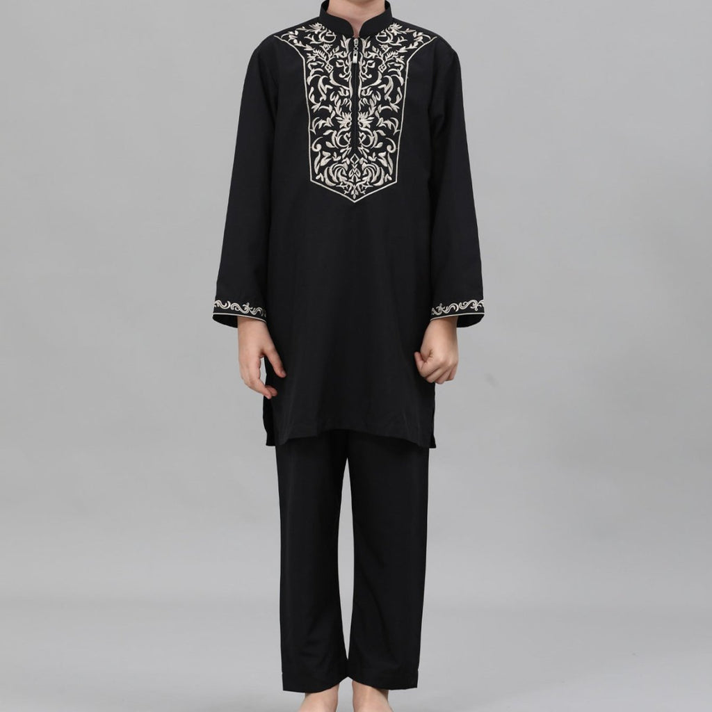 Boys Black Embroidered Tunic & Pants Set (MKB021)