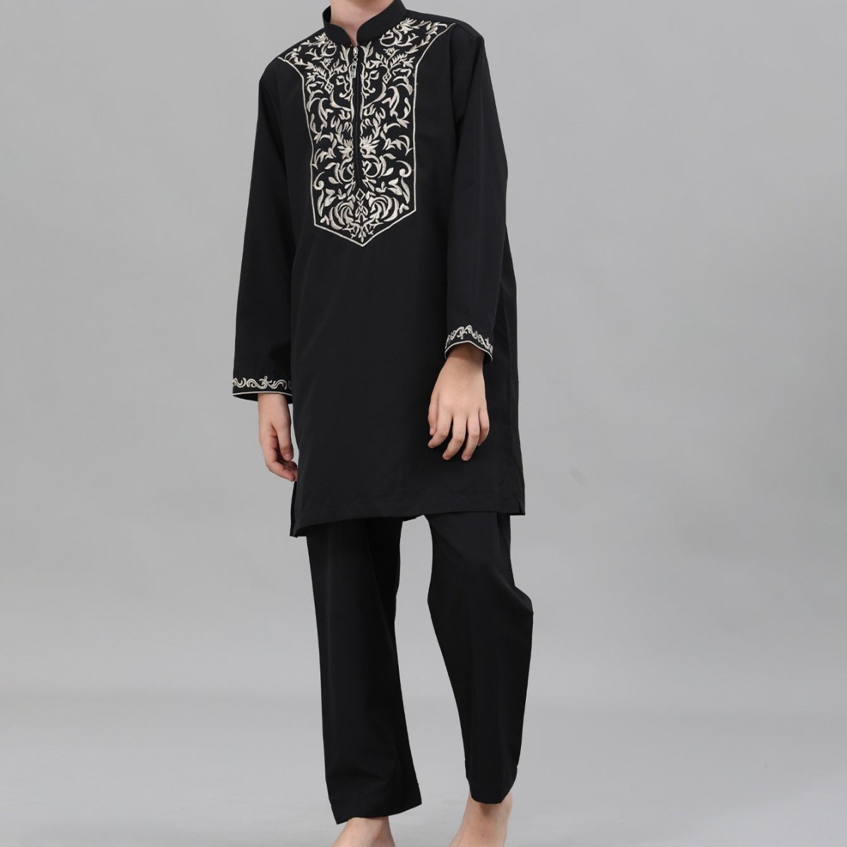 Boys Black Embroidered Tunic & Pants Set (MKB021)