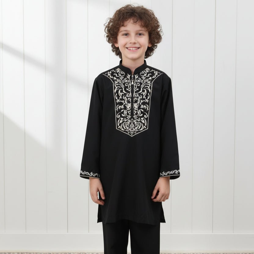 Boys Black Embroidered Tunic & Pants Set (MKB021)