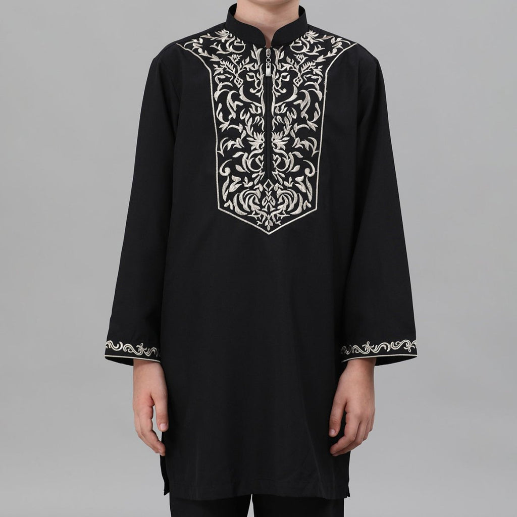 Boys Black Embroidered Tunic & Pants Set (MKB021)