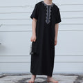 Boys Black Short Sleeve Embroidered Thobe with Pockets(MKB019)
