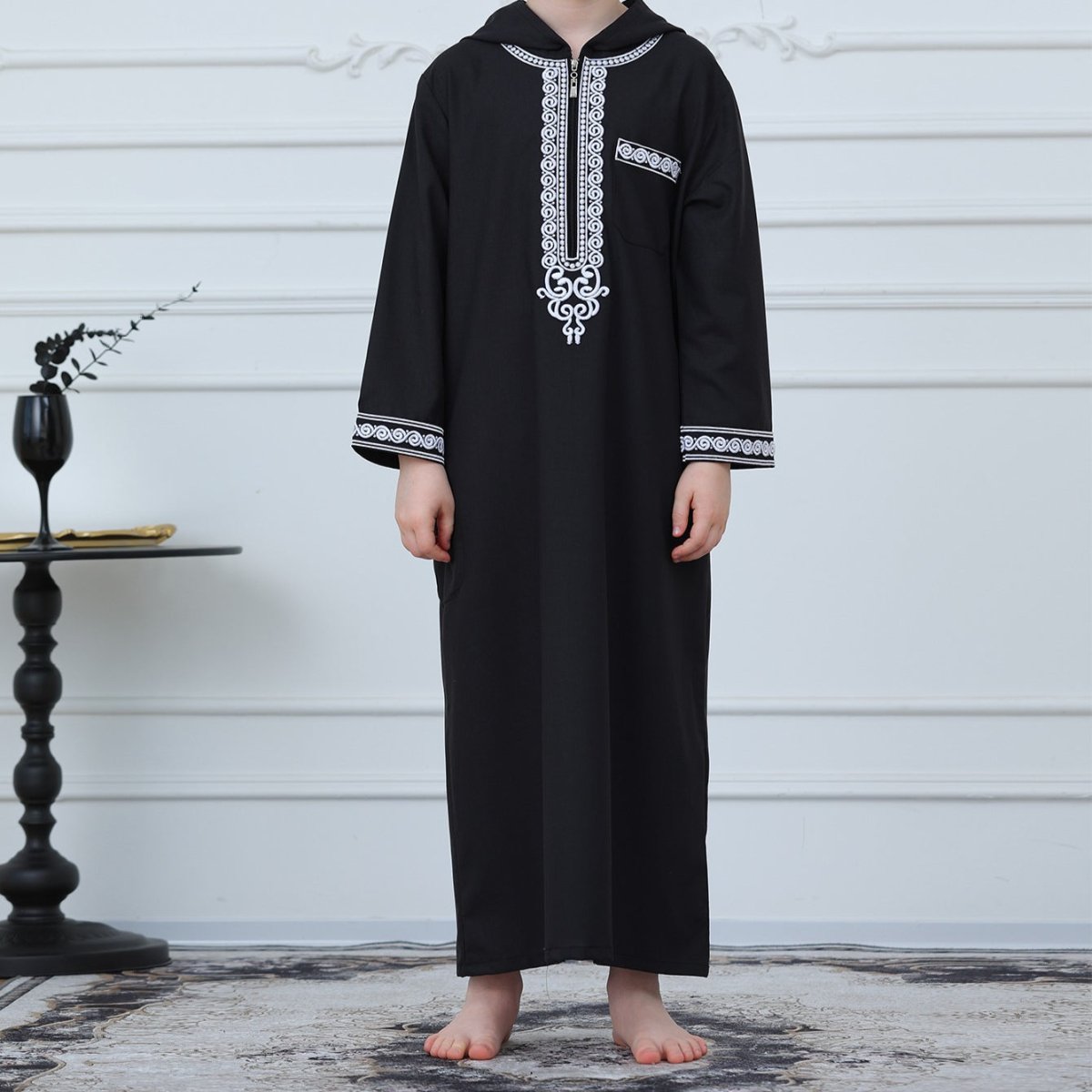 Boys Embroidered Hooded Thobe with Pockets(MKB010)