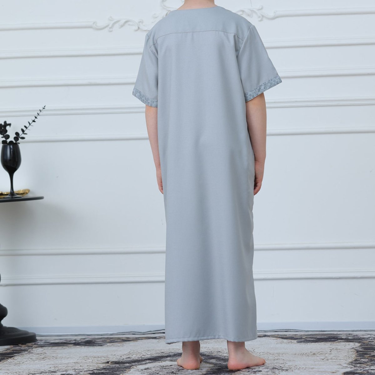 Boys Light Grey Short Sleeve Embroidered Thobe(MKB020)