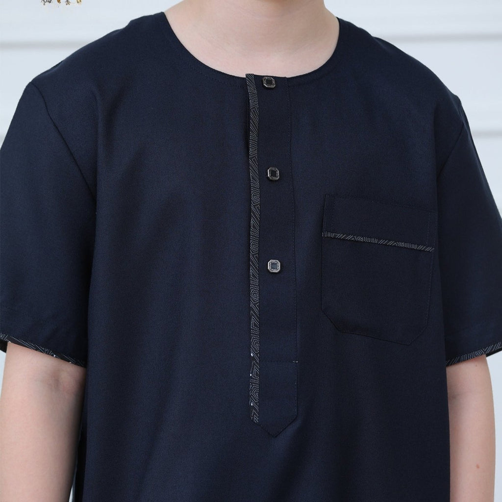 Boys Navy Short Sleeve Thobe with Chest Pocket (MKB022)
