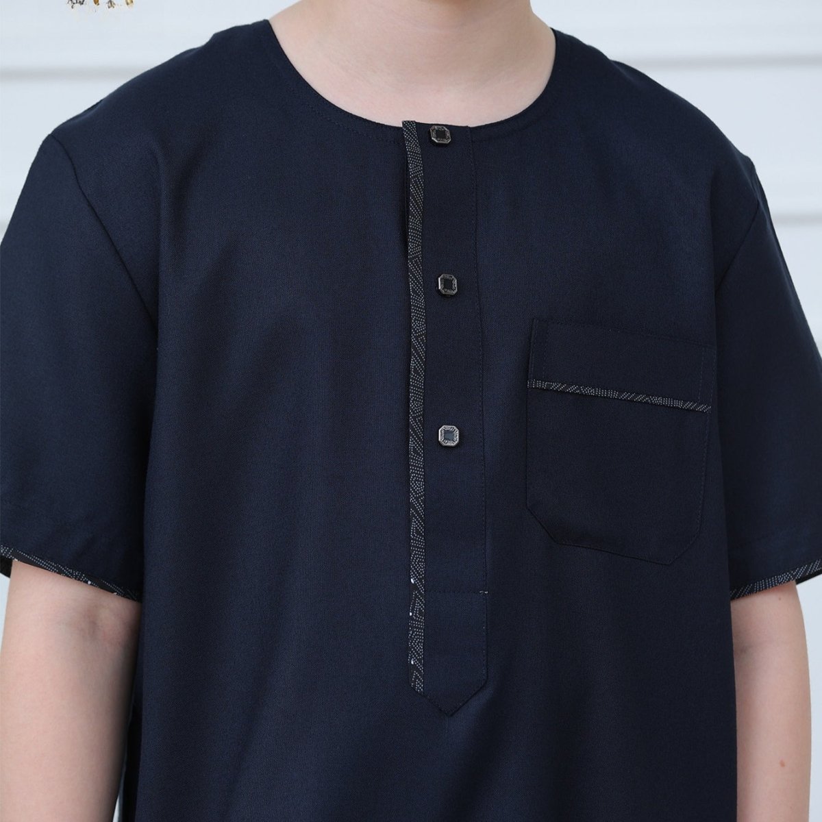 Boys Navy Short Sleeve Thobe with Chest Pocket (MKB022)