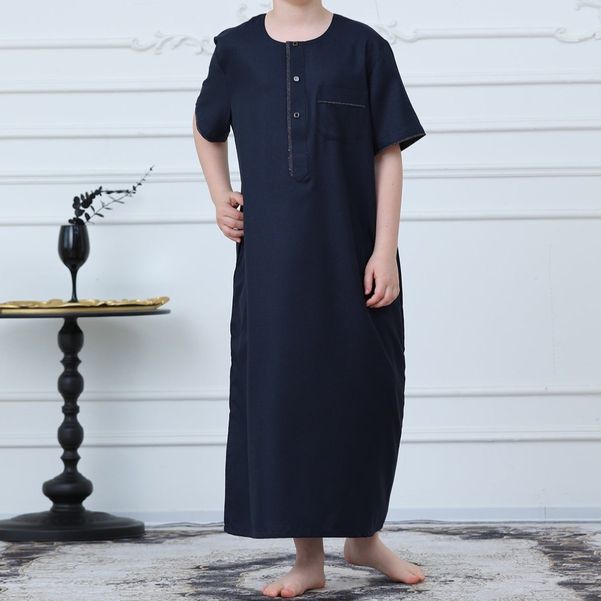 Boys Navy Short Sleeve Thobe with Chest Pocket (MKB022)
