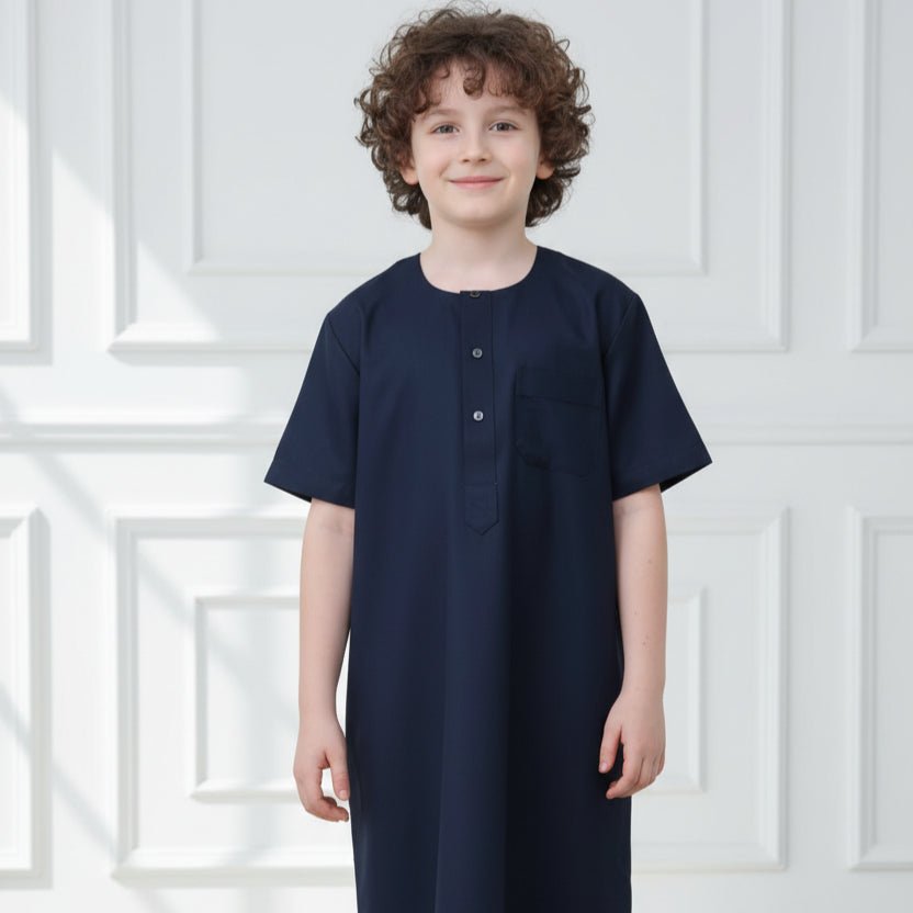 Boys Navy Short Sleeve Thobe with Chest Pocket (MKB022)