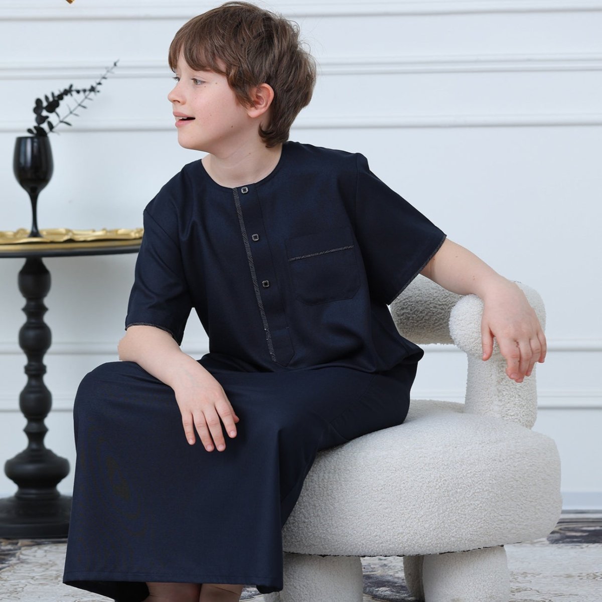 Boys Navy Short Sleeve Thobe with Chest Pocket (MKB022)