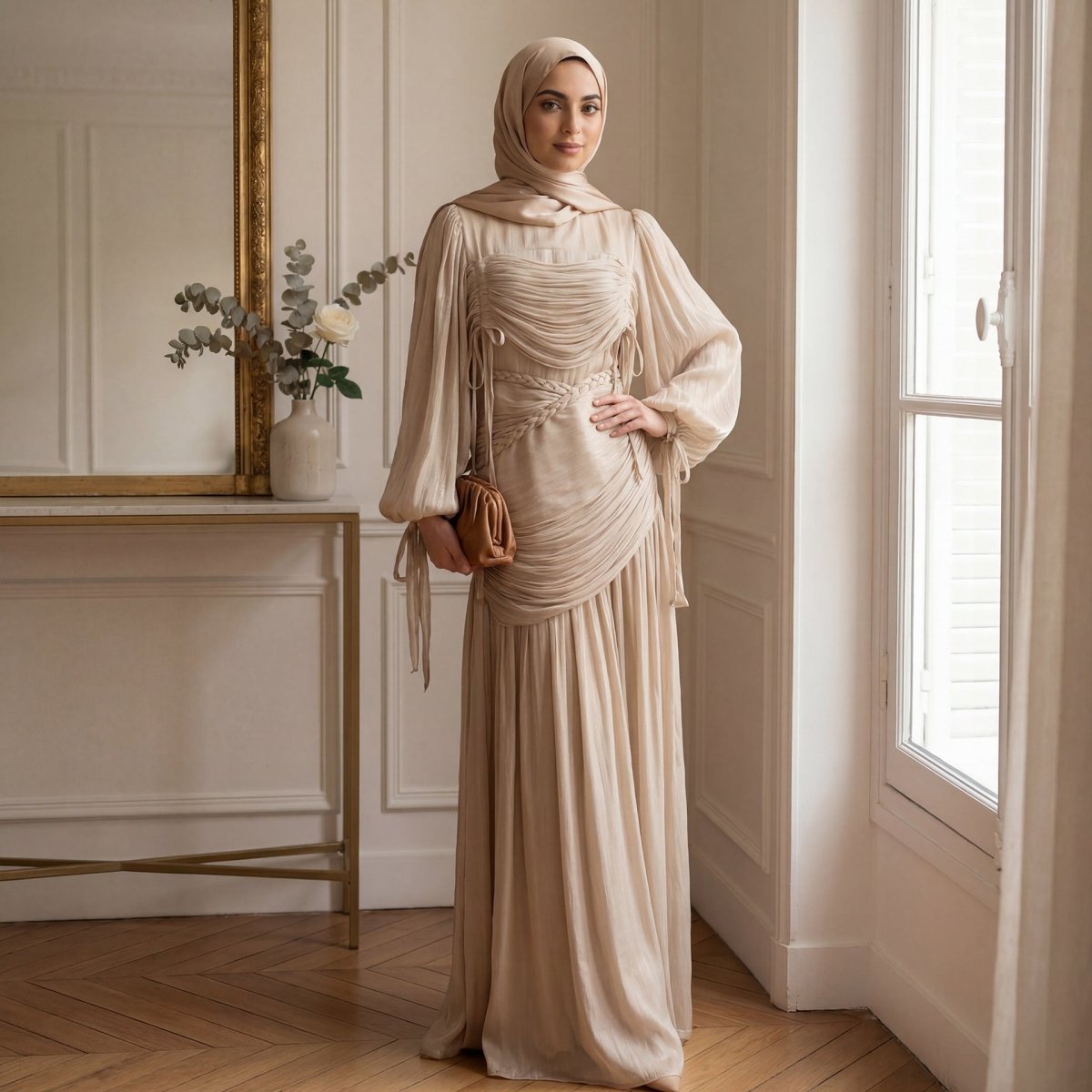 Braided Collar Ruched Fringe Maxi Dress(MS406)