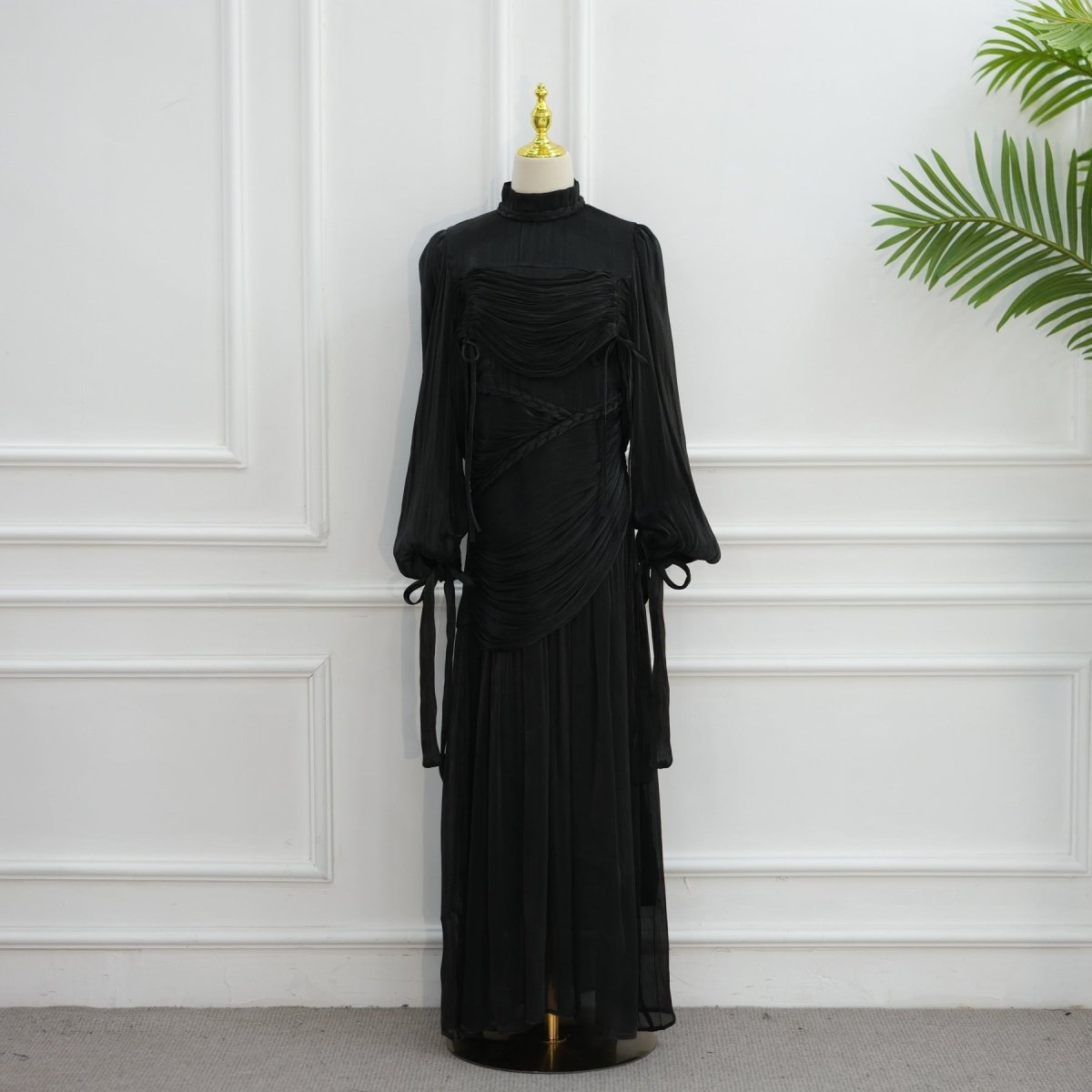 Braided Collar Ruched Fringe Maxi Dress(MS406)