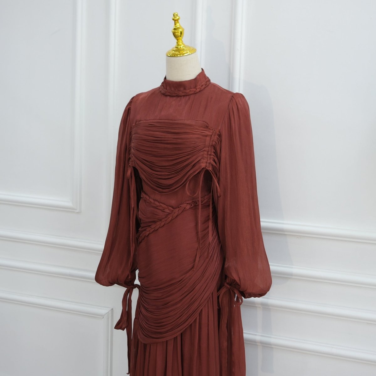 Braided Collar Ruched Fringe Maxi Dress(MS406)