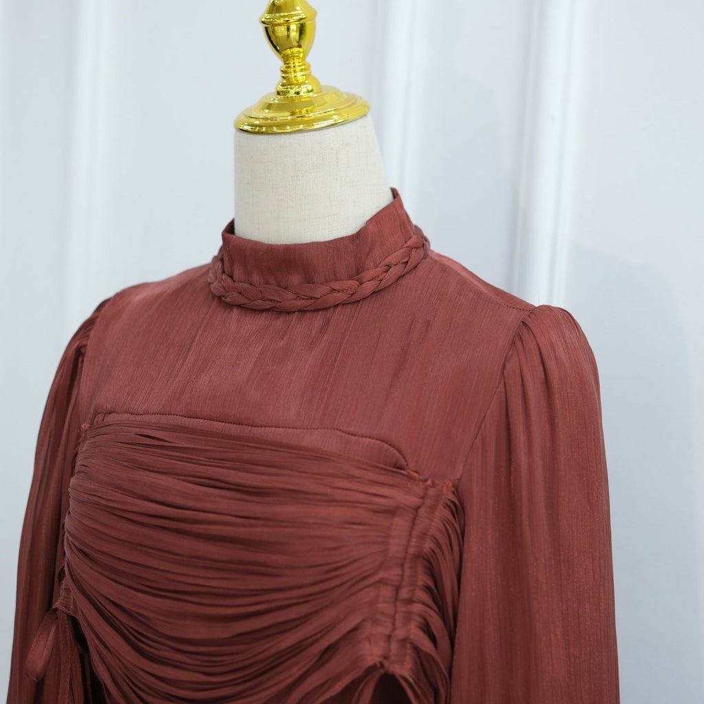 Braided Collar Ruched Fringe Maxi Dress(MS406)