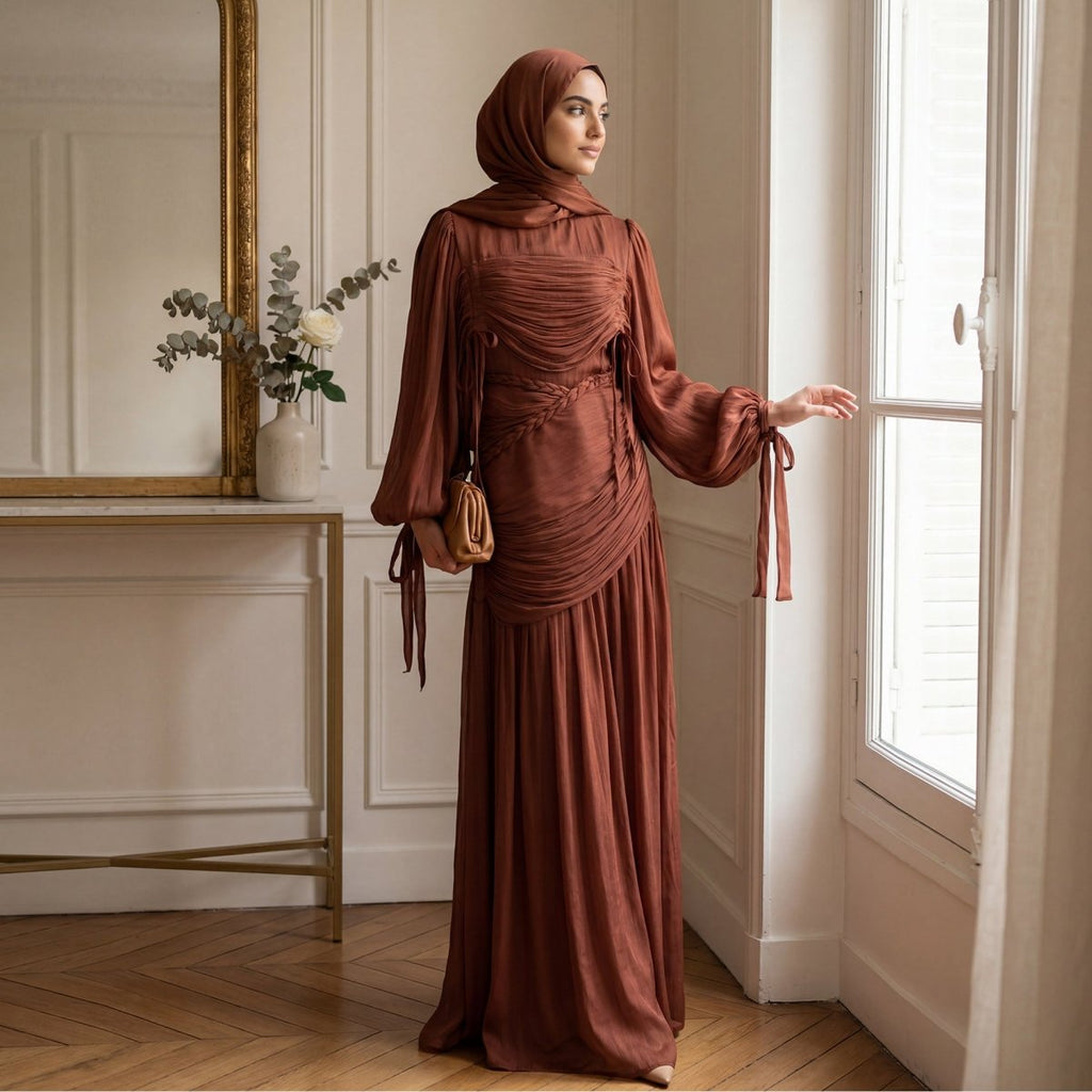 Braided Collar Ruched Fringe Maxi Dress(MS406)