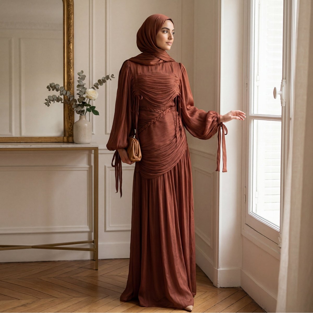 Braided Collar Ruched Fringe Maxi Dress(MS406)