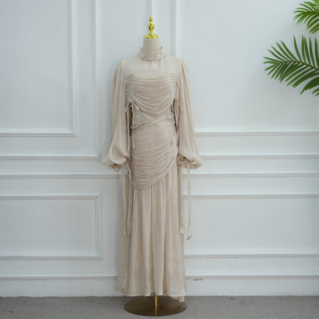 Braided Collar Ruched Fringe Maxi Dress(MS406)