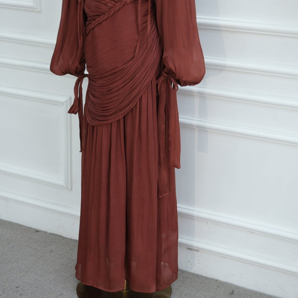 Braided Collar Ruched Fringe Maxi Dress(MS406)