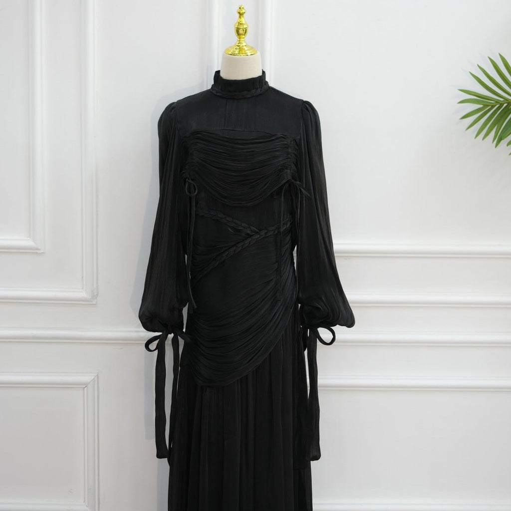Braided Collar Ruched Fringe Maxi Dress(MS406)