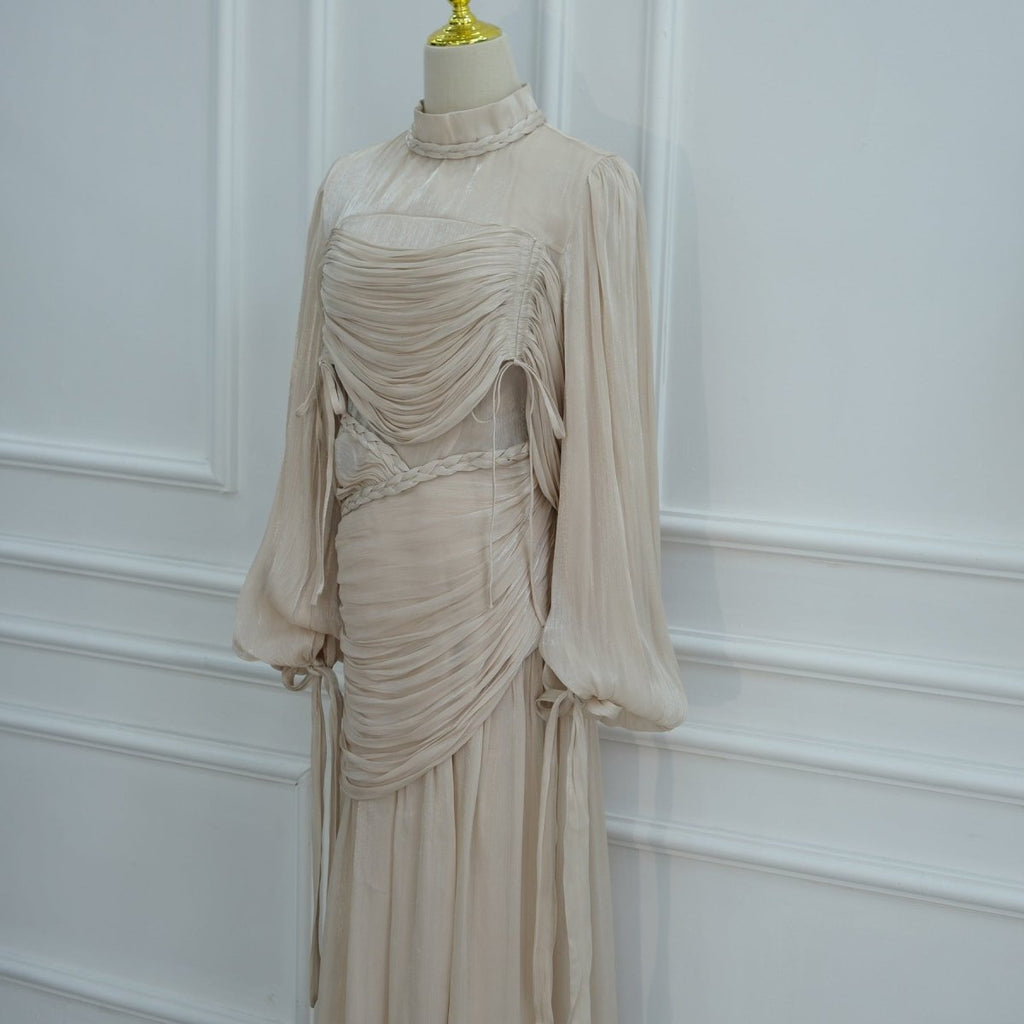 Braided Collar Ruched Fringe Maxi Dress(MS406)