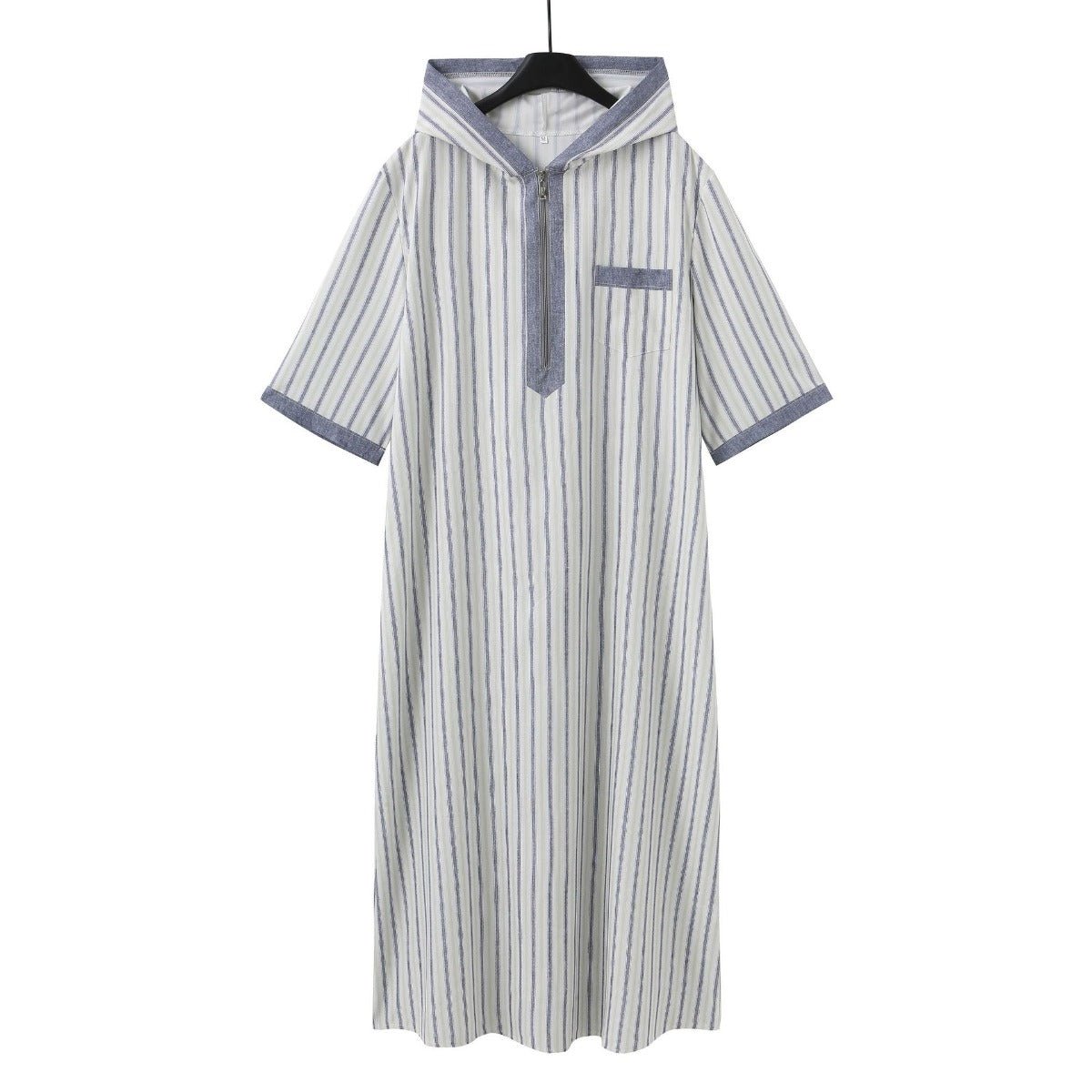 Breathable 3D Digital Print Striped Thobe Men's Loose Fit Short Sleeve Muslim Robe with V-Neck (MT033)