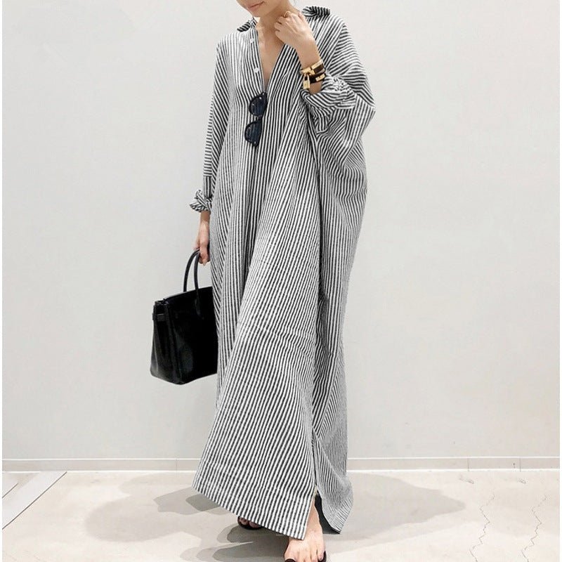 Breathable Stripe Print Loose Fit V-Neck Batwing Sleeve Abaya Dress  Maxi Dress with Side Pockets (MA232)