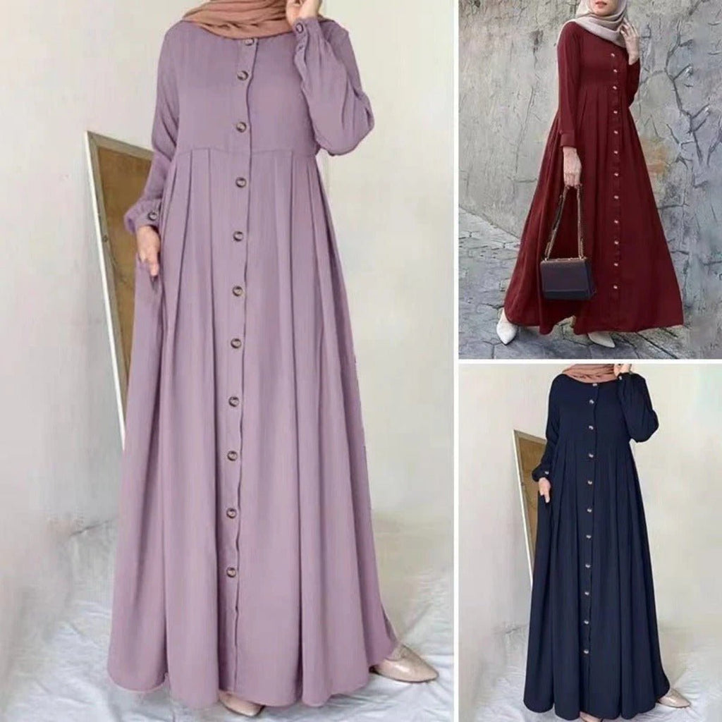 Button-Down Pleated Robe Maxi Dress | Loose Fit Modest Abaya (MA181)