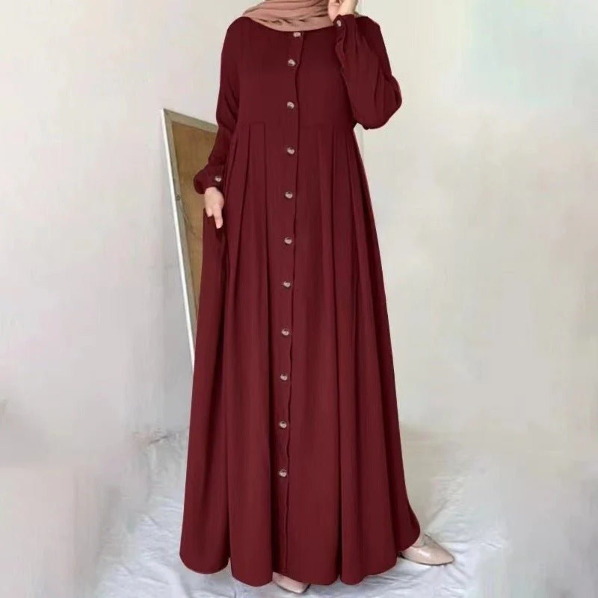 Button-Down Pleated Robe Maxi Dress | Loose Fit Modest Abaya (MA181)