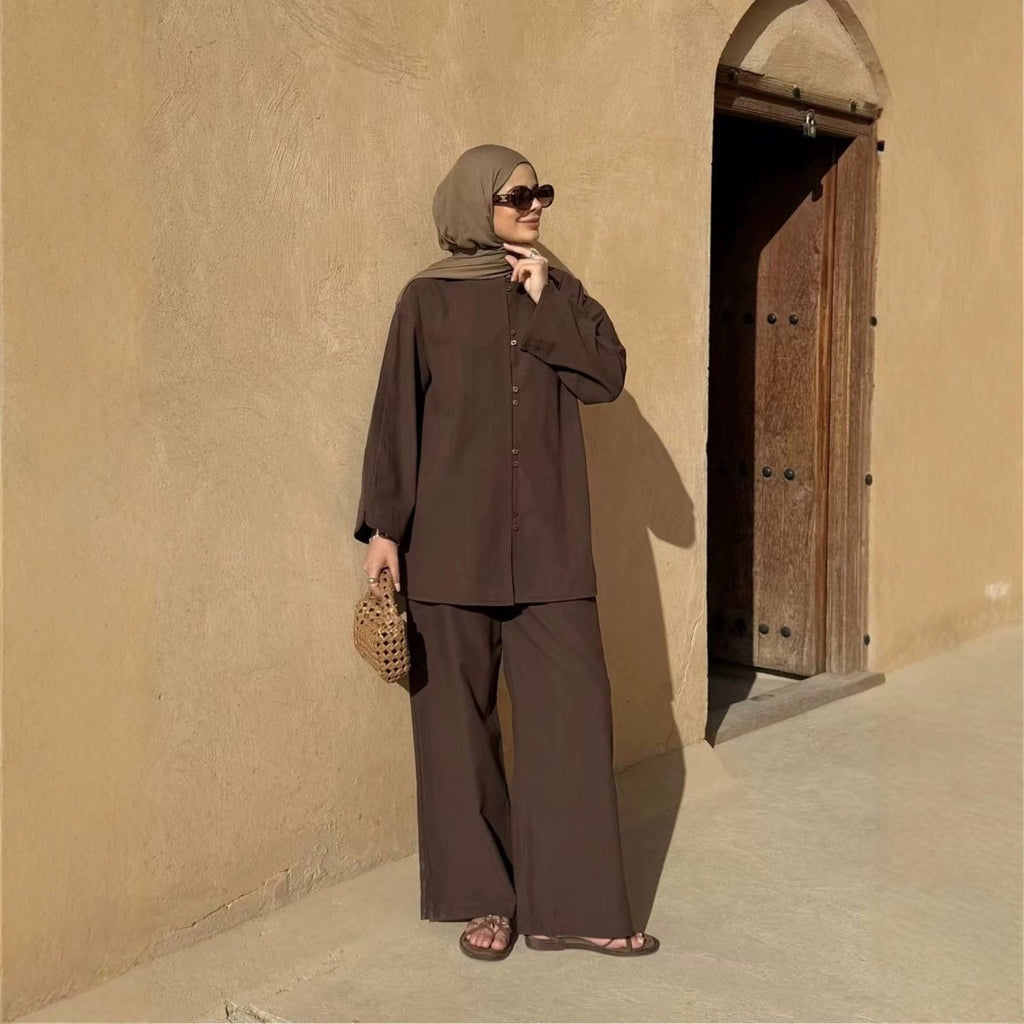 Button-Front Longline Top & Wide-Leg Trouser Set(MS456)