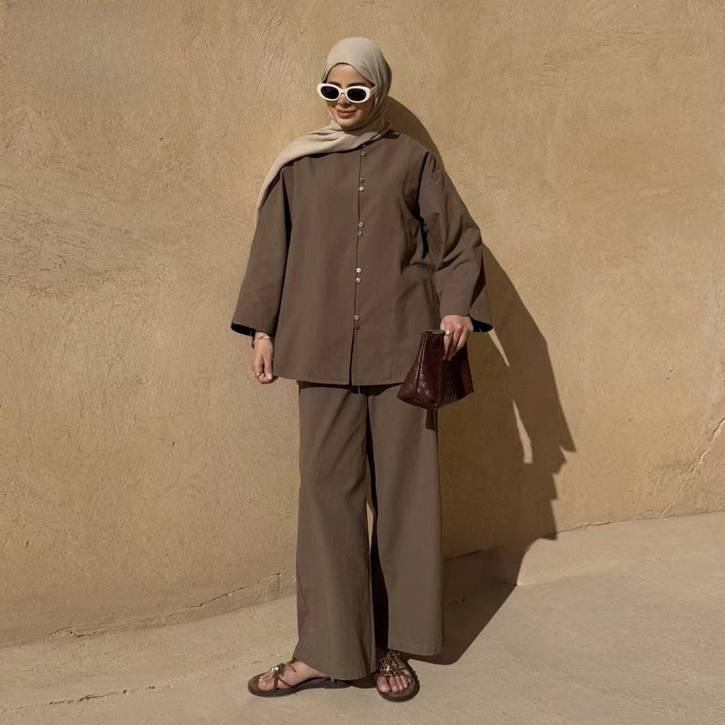 Button-Front Longline Top & Wide-Leg Trouser Set(MS456)