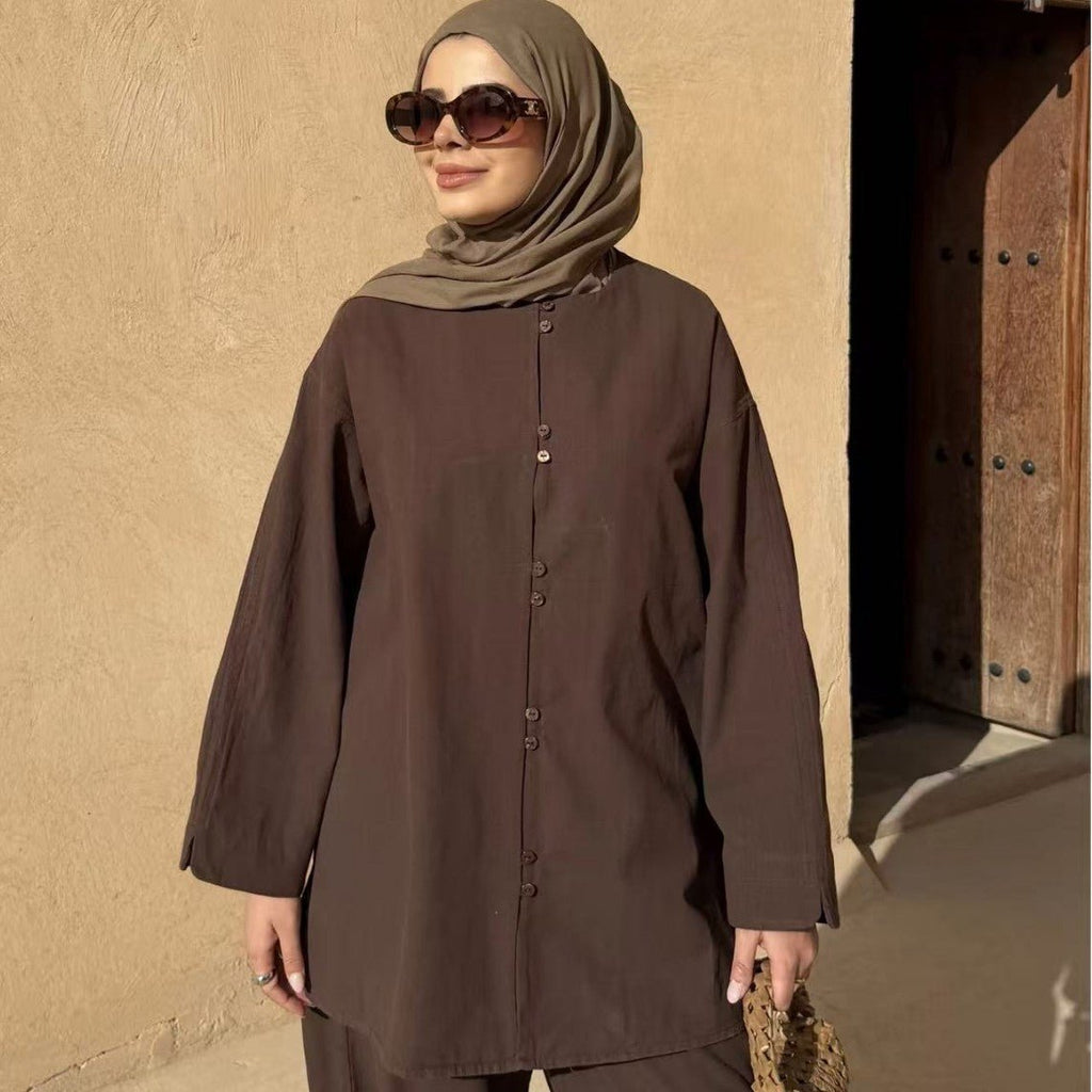 Button-Front Longline Top & Wide-Leg Trouser Set(MS456)