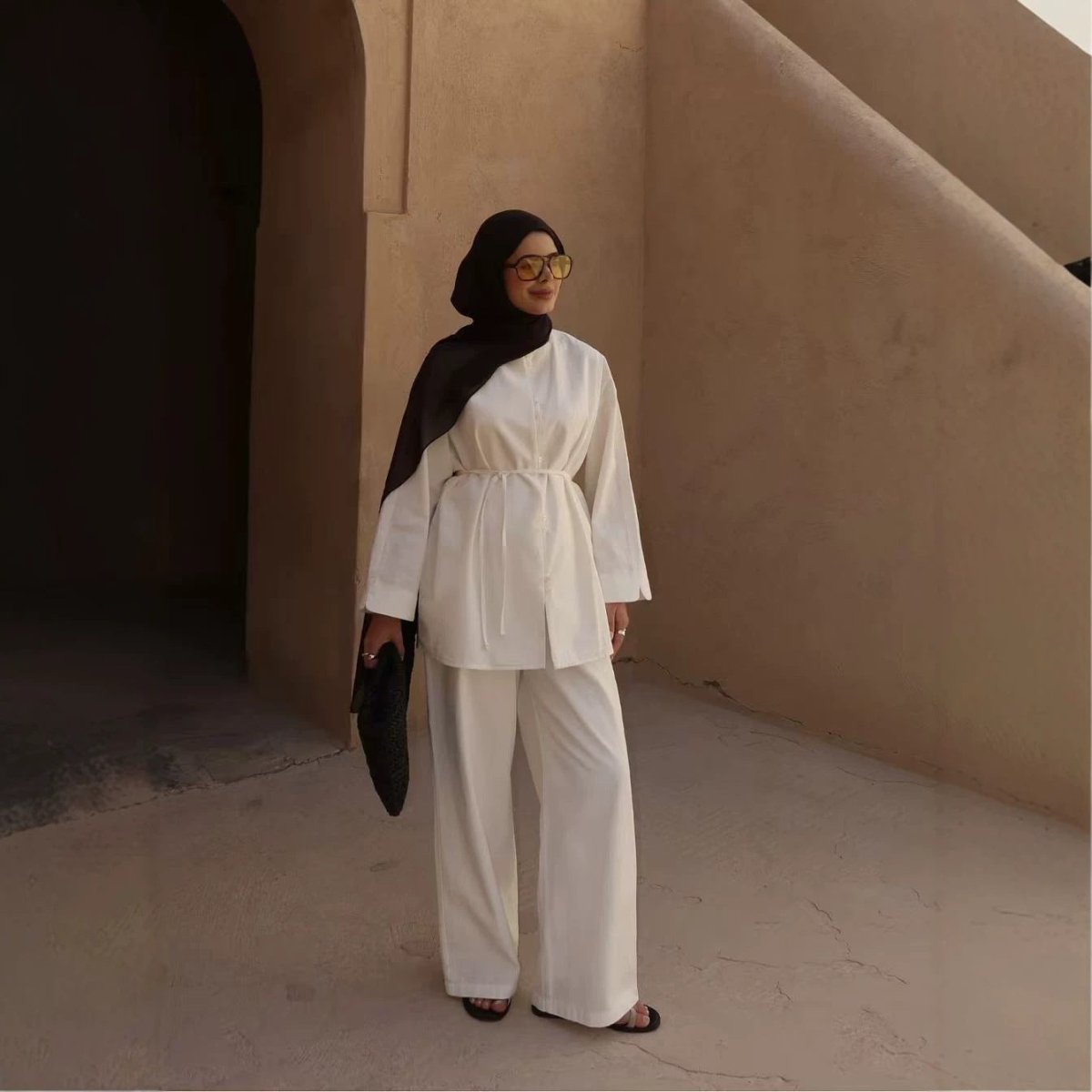 Button-Front Longline Top & Wide-Leg Trouser Set(MS456)
