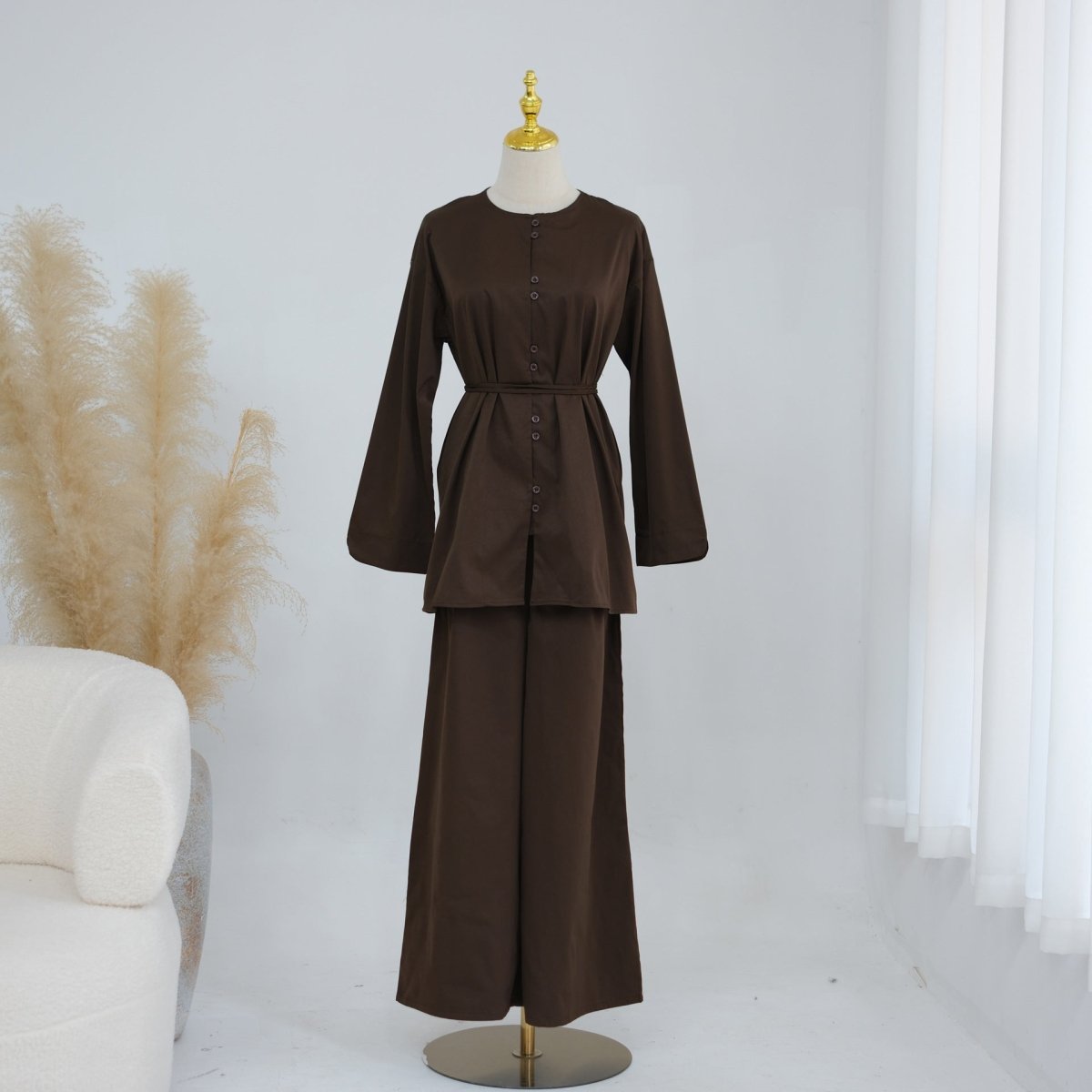 Button-Front Longline Top & Wide-Leg Trouser Set(MS456)